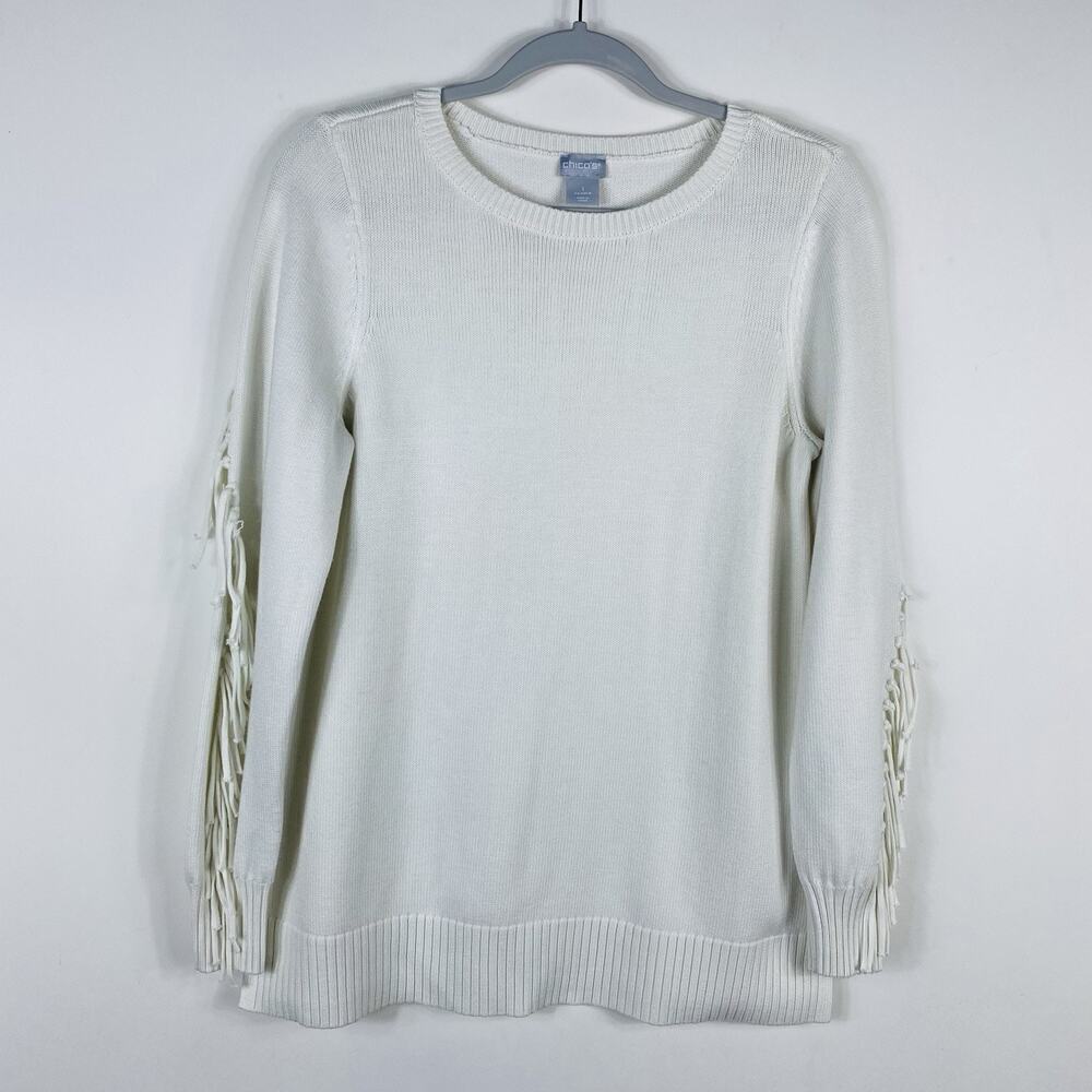 Chico's Size Medium 8 1 Fringe Sleeve Pullover Sweater Ivory Crewneck